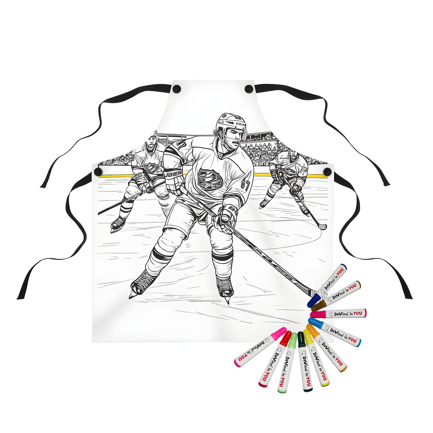 Vibrant apron featuring an energetic ice hockey scene with three players in action and a cheering crowd, perfect for fans of the sport.