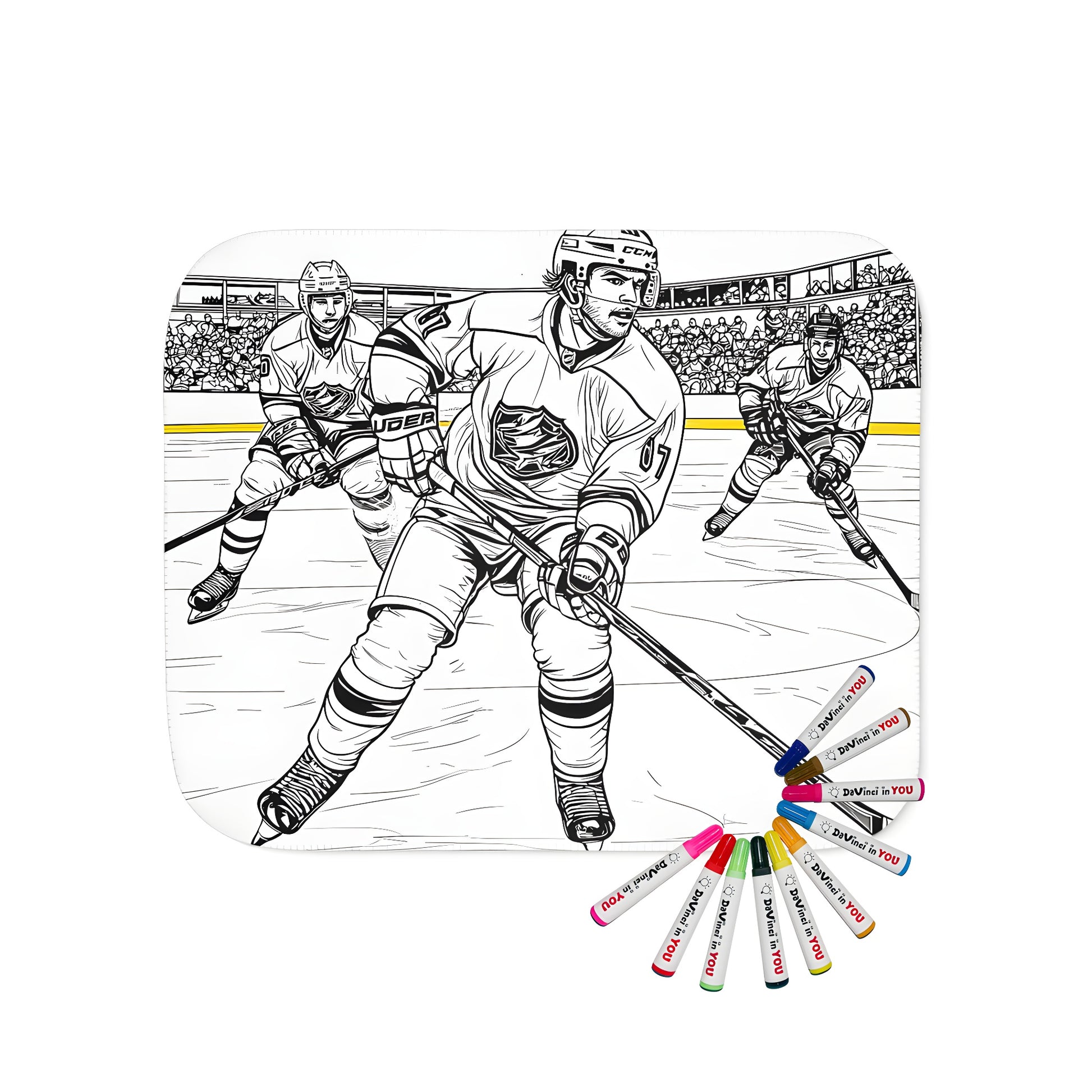 Blanket with a fun and colorful hockey theme featuring three players in action