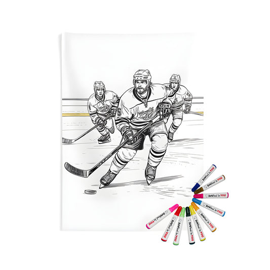 Indoor wall tapestry featuring an ice hockey illustration with players skating on an ice rink, perfect for sports enthusiasts