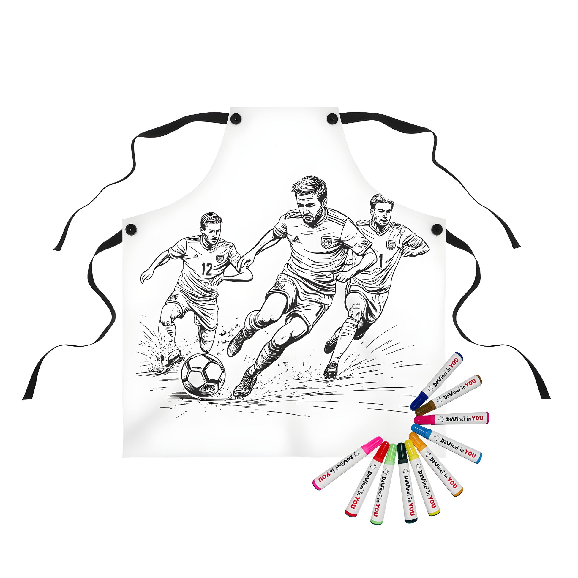 Football-themed coloring apron kit with detailed black and white design of three football players running for control of the ball