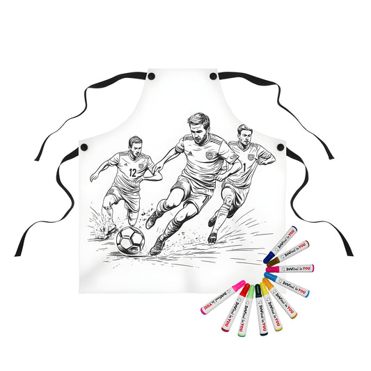 Football-themed coloring apron kit with detailed black and white design of three football players running for control of the ball