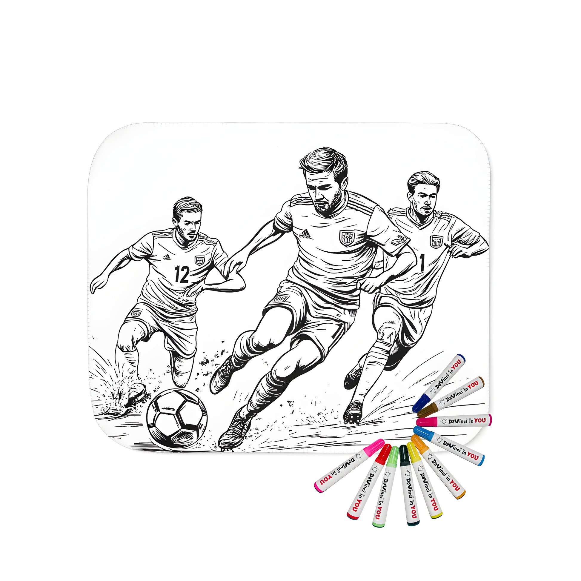 Cozy blanket featuring an exciting football-themed coloring page with three energetic players competing for control of the ball, perfect for sports fans and football enthusiasts alike.