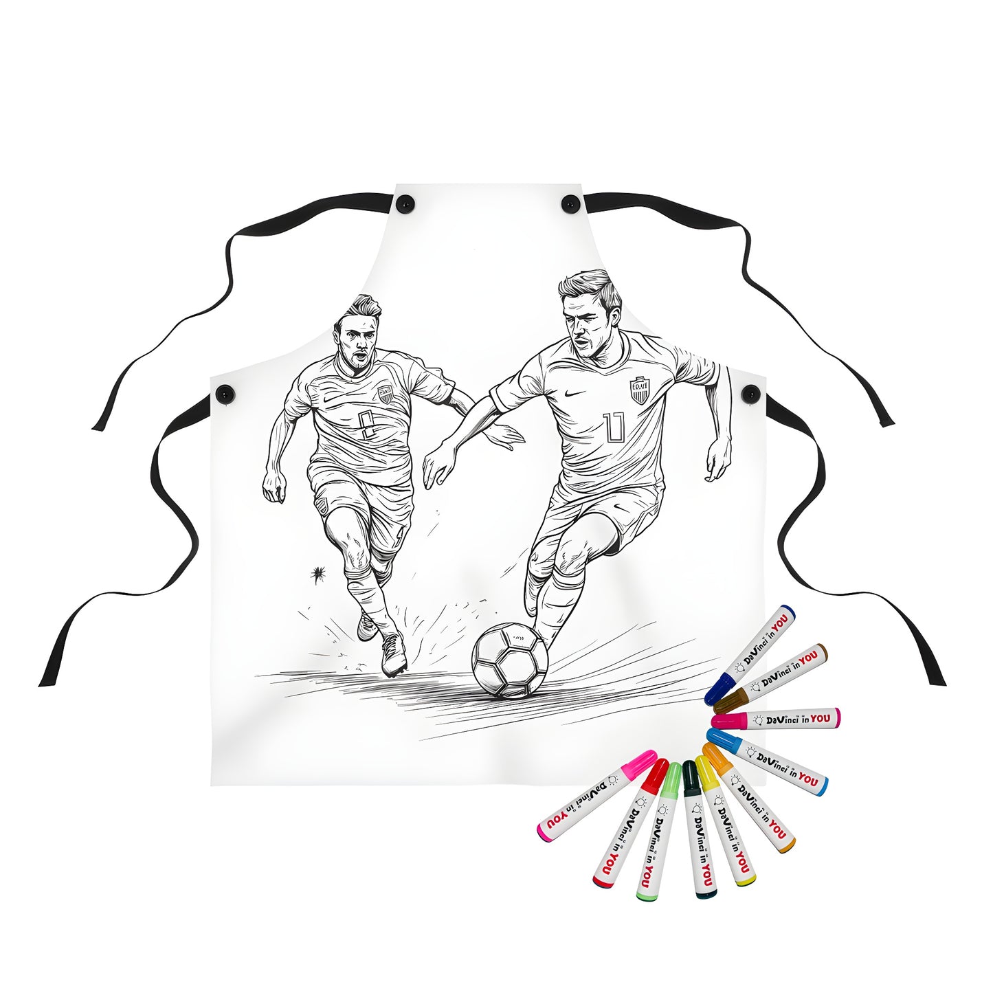 Coloring apron for kids featuring line drawing of two soccer players in action