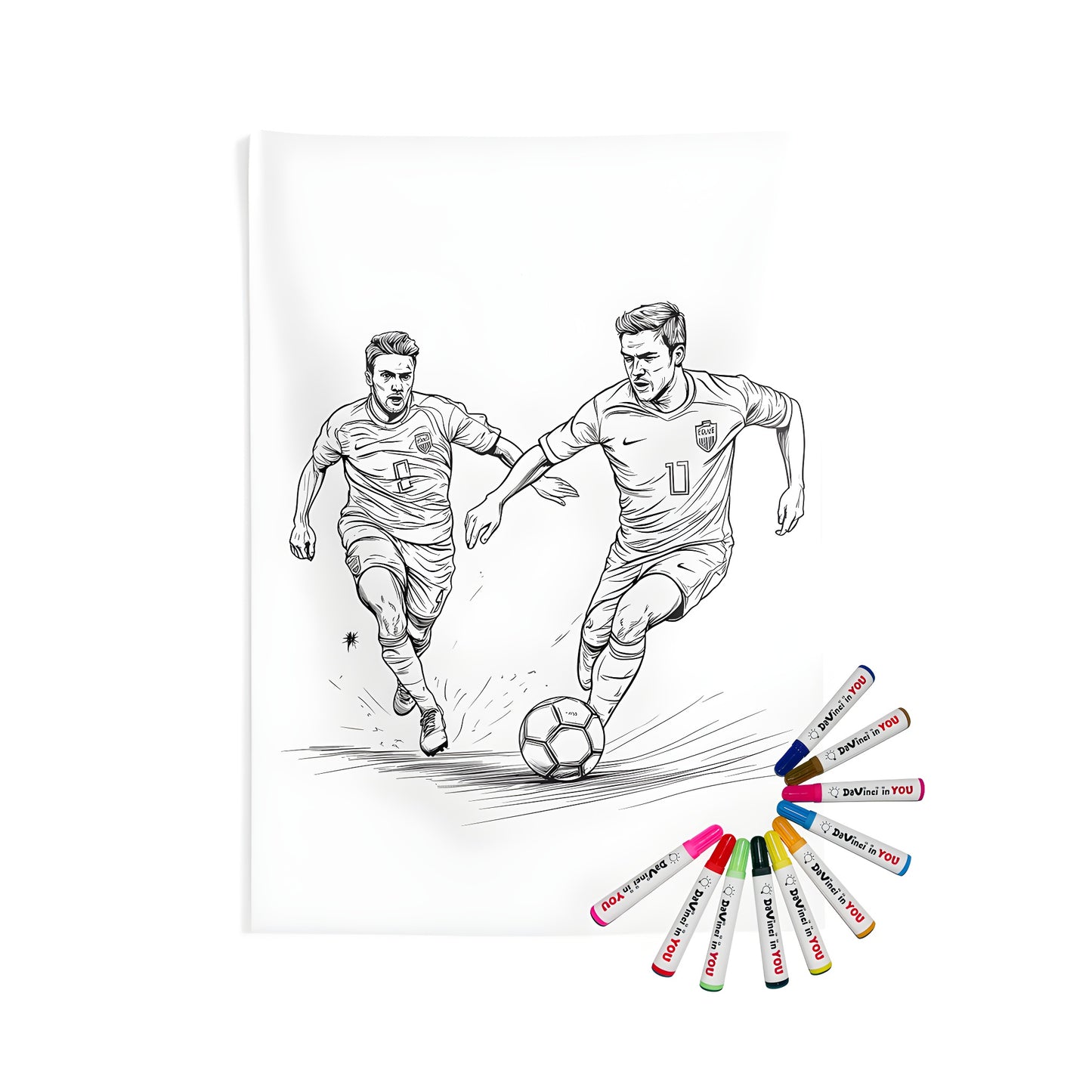 Coloring wall tapestry of two soccer players in action, dribbling and playing