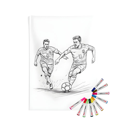 Coloring wall tapestry of two soccer players in action, dribbling and playing