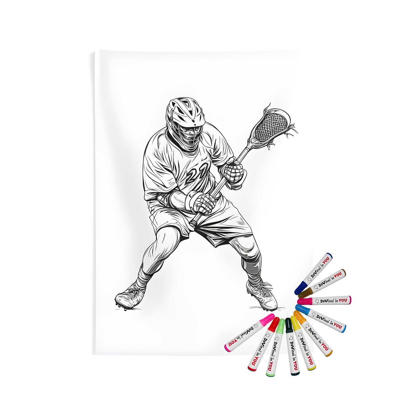 Indoor wall tapestries of a lacrosse athlete in an action pose holding a stick and wearing a helmet and uniform with the number 27