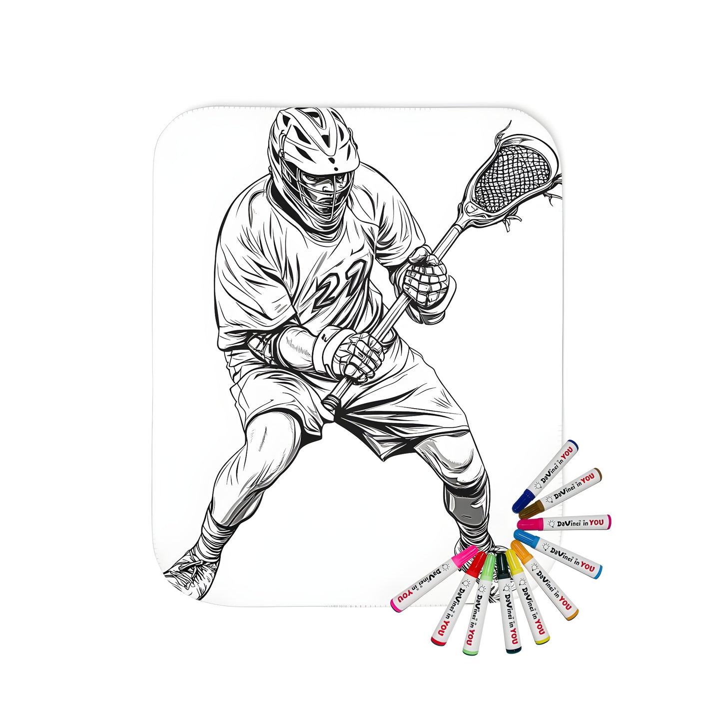 Coloring blanket featuring an action pose of a lacrosse stick player, helmeted and wearing uniform with #27