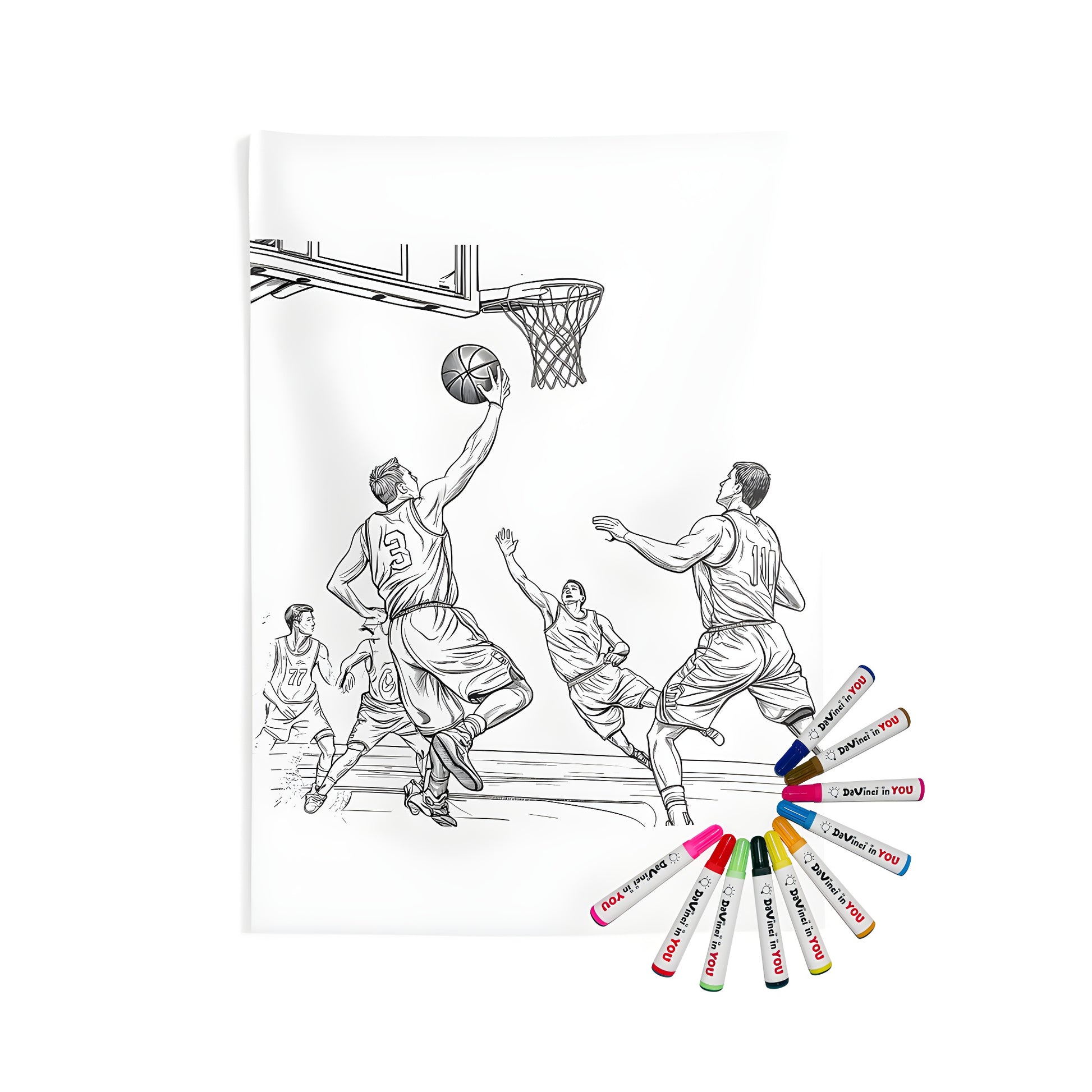 Basketball-themed indoor wall tapestries for kids and adults featuring a dynamic scene of players in action, athleticism, sports enthusiasts, hoop dreams