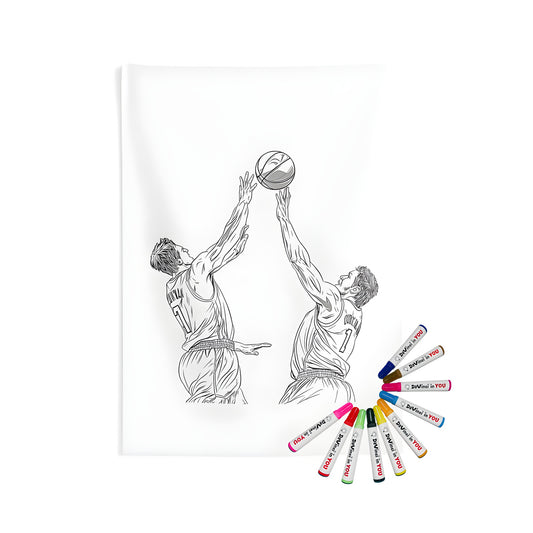 Indoor wall tapestry with two basketball players jumping to catch the ball - Athletes, Sports, Basketball, Players, Gamers, Indoor Decor