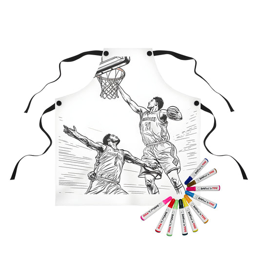 Apron with vibrant coloring page design of two basketball players in mid-air action near the hoop