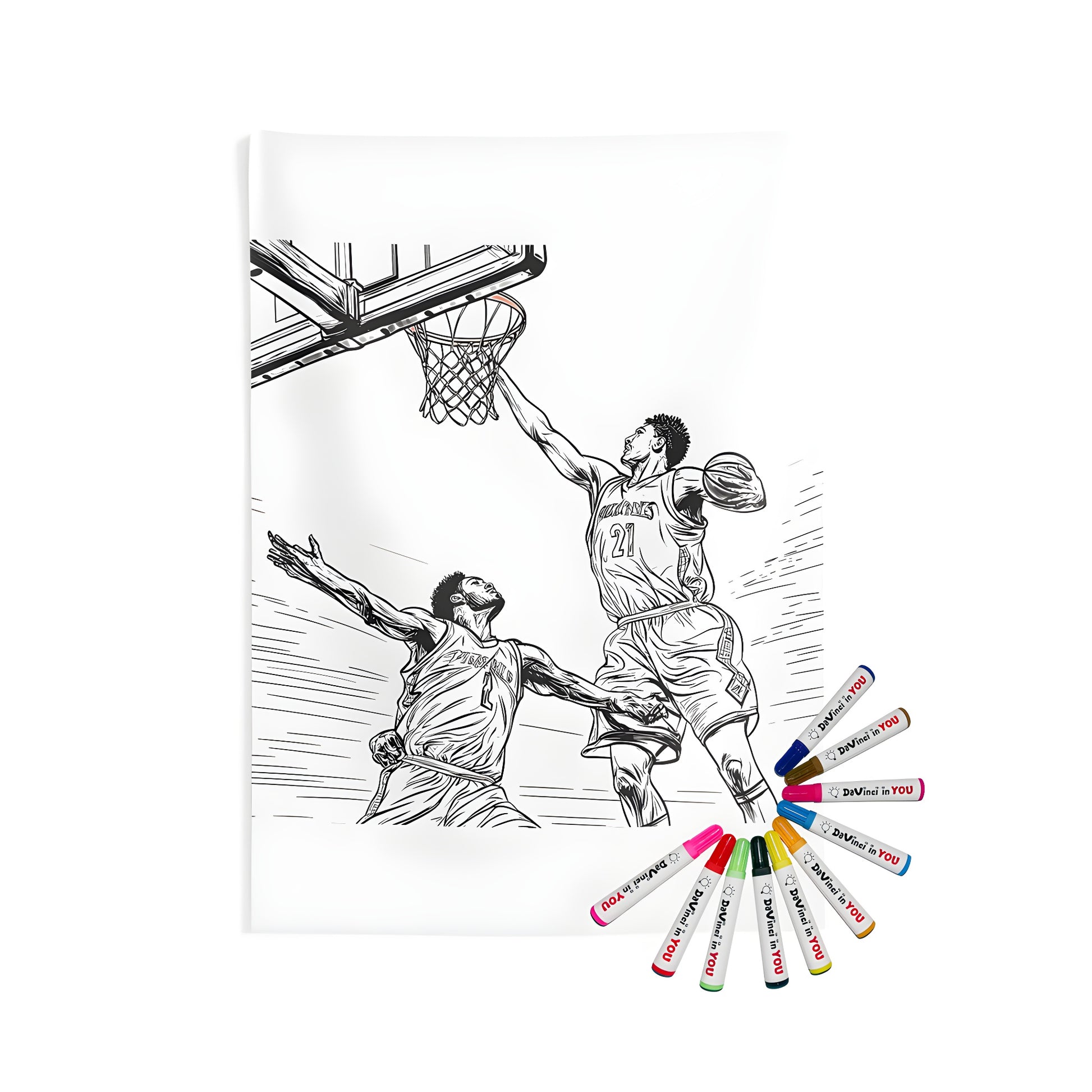 Indoor wall tapestries with basketball game design, featuring two players in mid-air action near the hoop