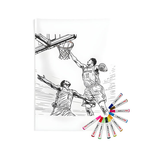 Indoor wall tapestries with basketball game design, featuring two players in mid-air action near the hoop