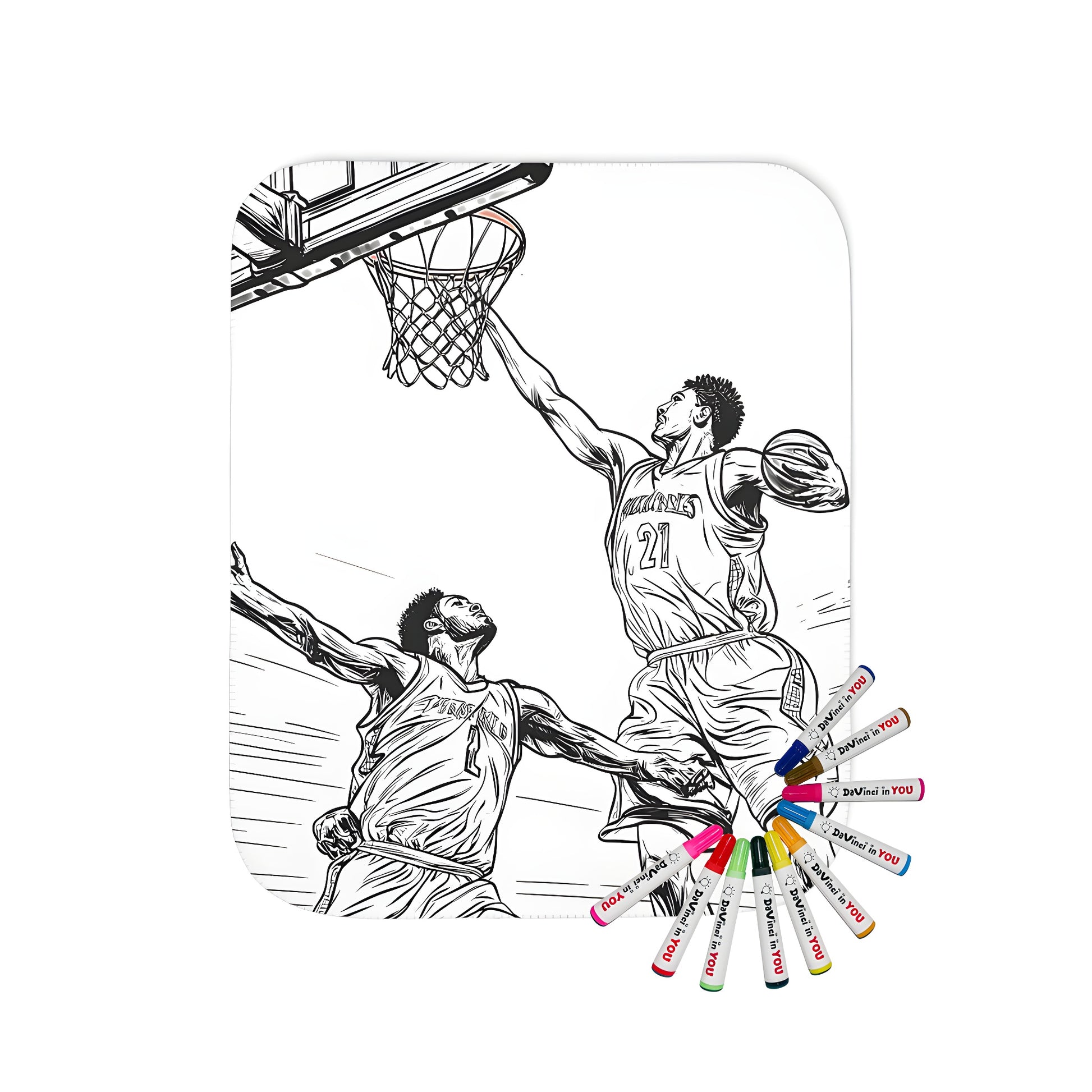 Cozy blanket featuring an action-packed basketball design with two players in mid-air, perfect for fans of hoops and sports