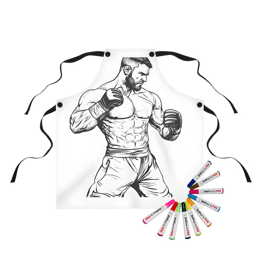 Apron with boxing design, black and white illustration of a boxer in a fighting stance