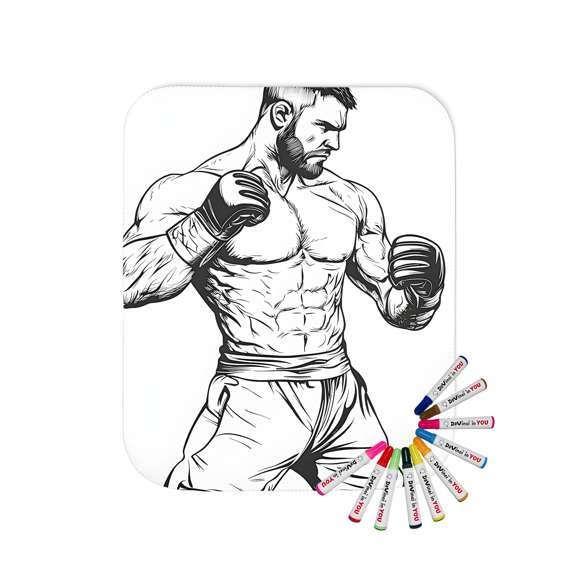 Coloring blanket with a boxing theme, featuring a black and white illustration of a muscular boxer in a fighting stance