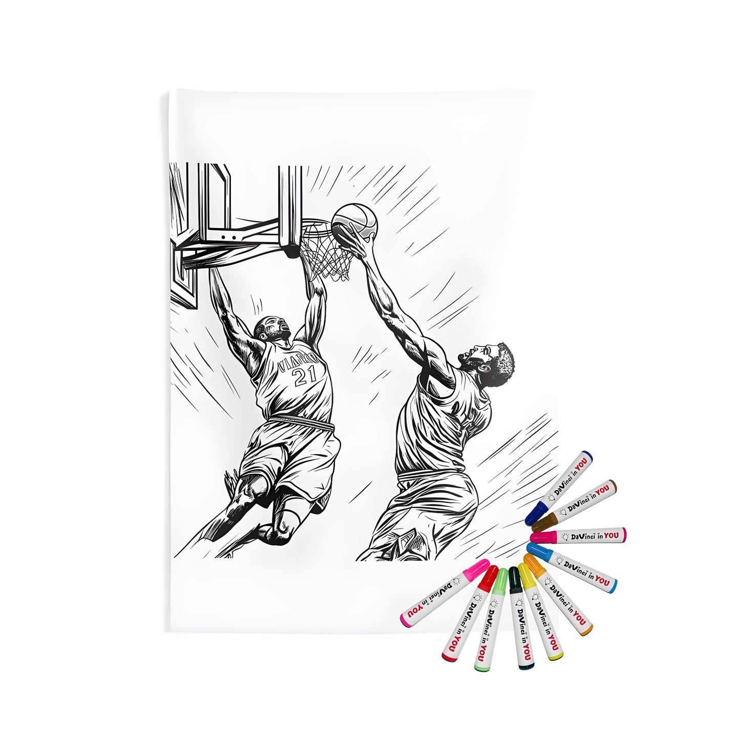 Basketball action illustrations, indoor wall tapestries for bedrooms or offices, featuring two players in a competitive game scene, one attempting to block the other's dunk, colorful and detailed