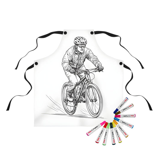 Colorful cycling apron with black and white illustration of cyclist riding bike