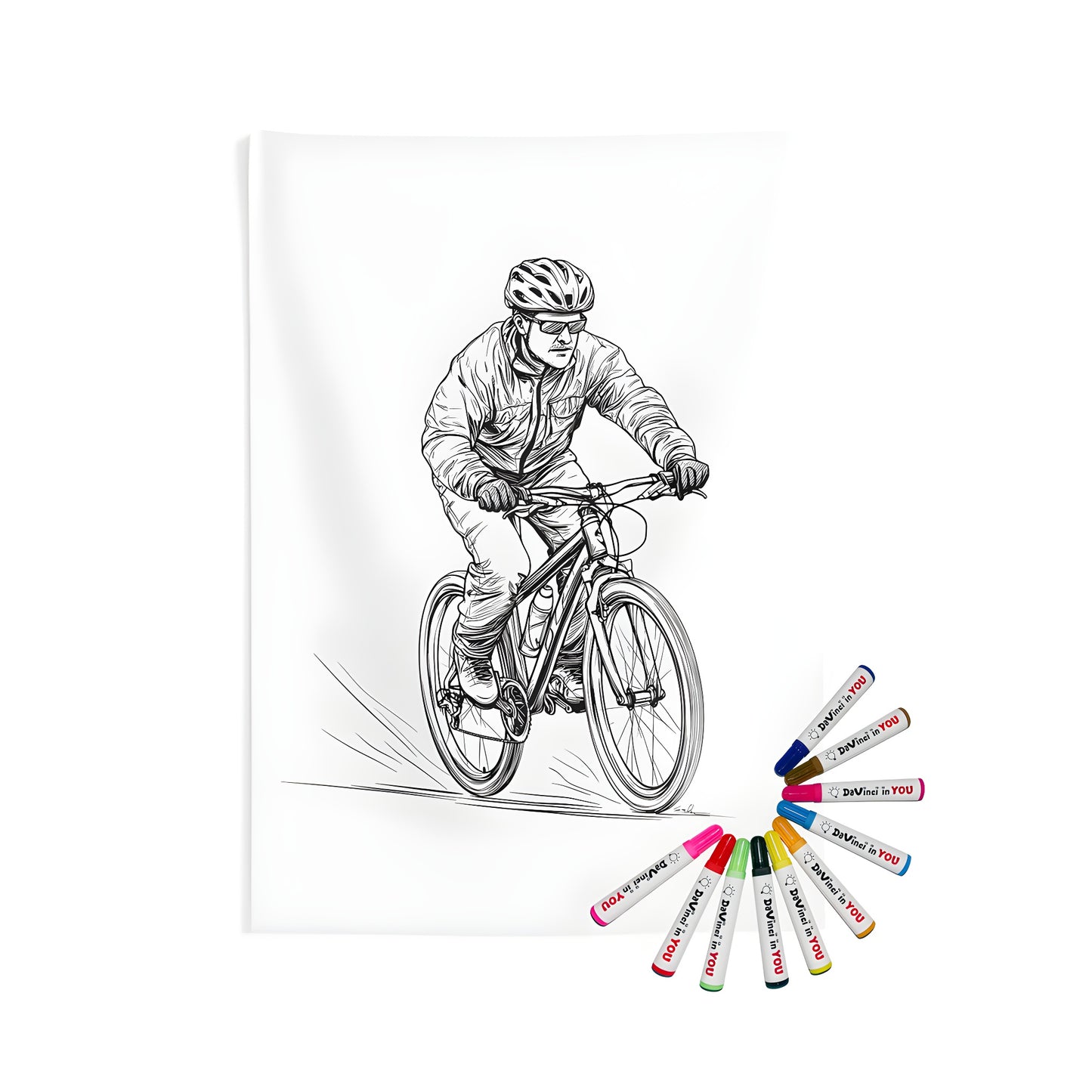 Indoor wall tapestry with cycling-inspired artwork, perfect for home decor enthusiasts. Black and white illustration of a male cyclist riding a bicycle in sport gear