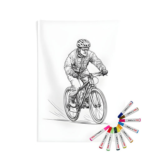 Indoor wall tapestry with cycling-inspired artwork, perfect for home decor enthusiasts. Black and white illustration of a male cyclist riding a bicycle in sport gear