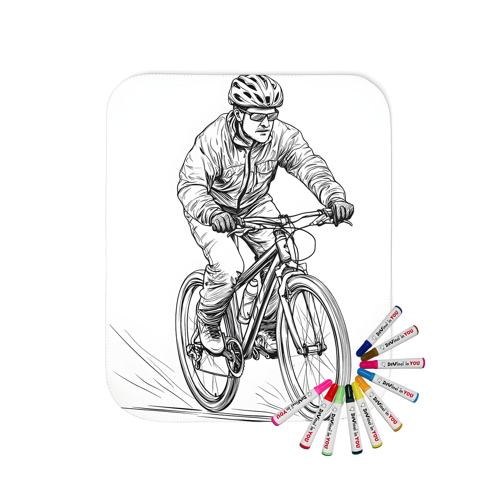 Coloring kit featuring a vibrant cycling design on a soft blanket