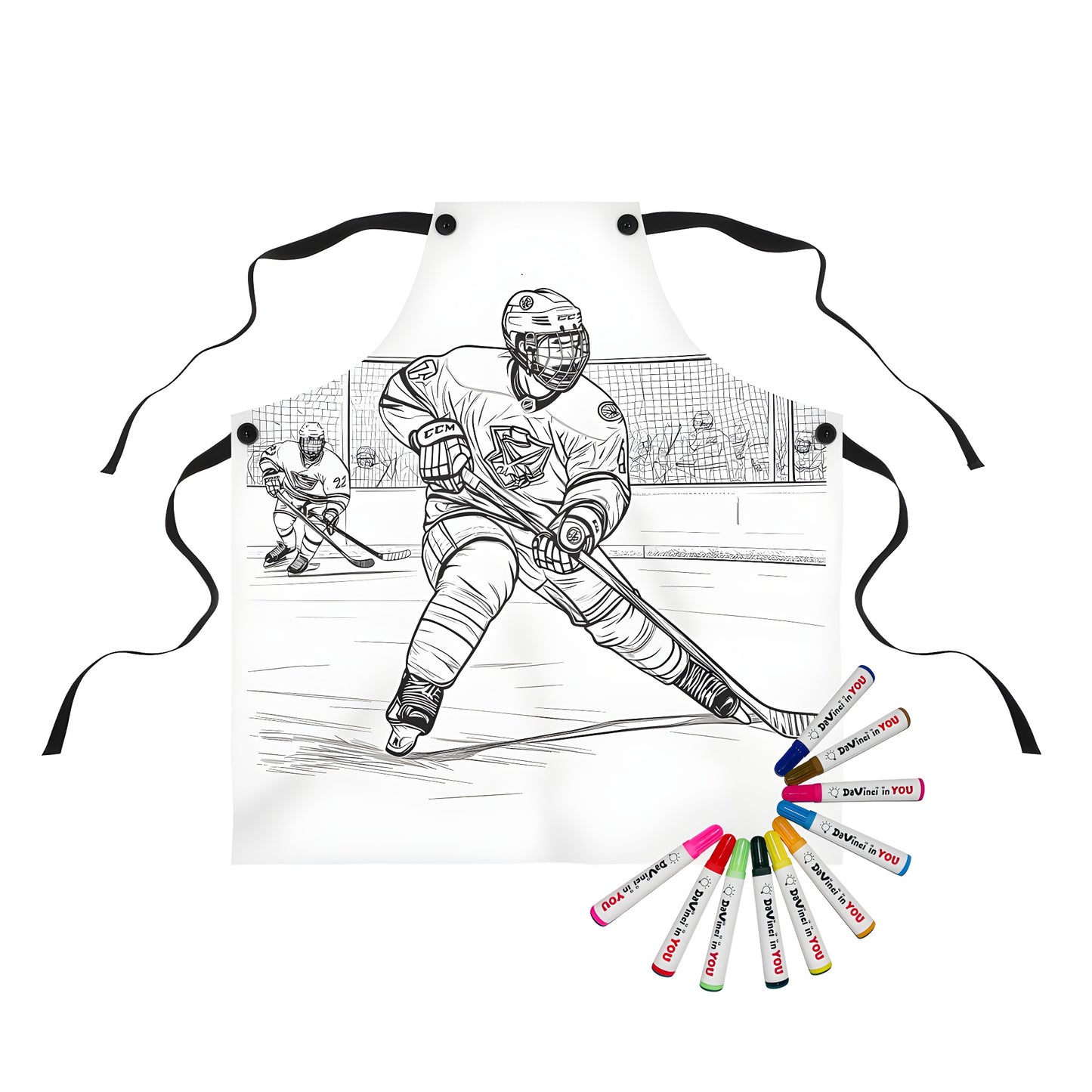 Coloring apron featuring black and white illustration of two hockey players on an ice rink