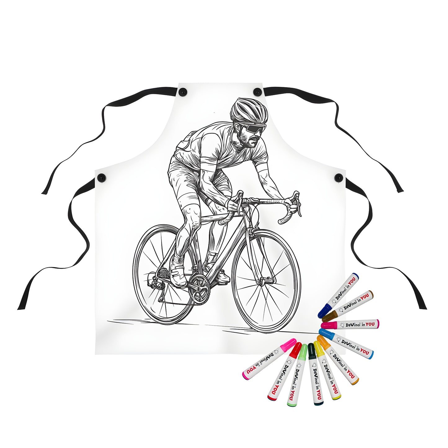 Colorful apron featuring a detailed illustration of a road bike rider, cyclist helmet and sunglasses design