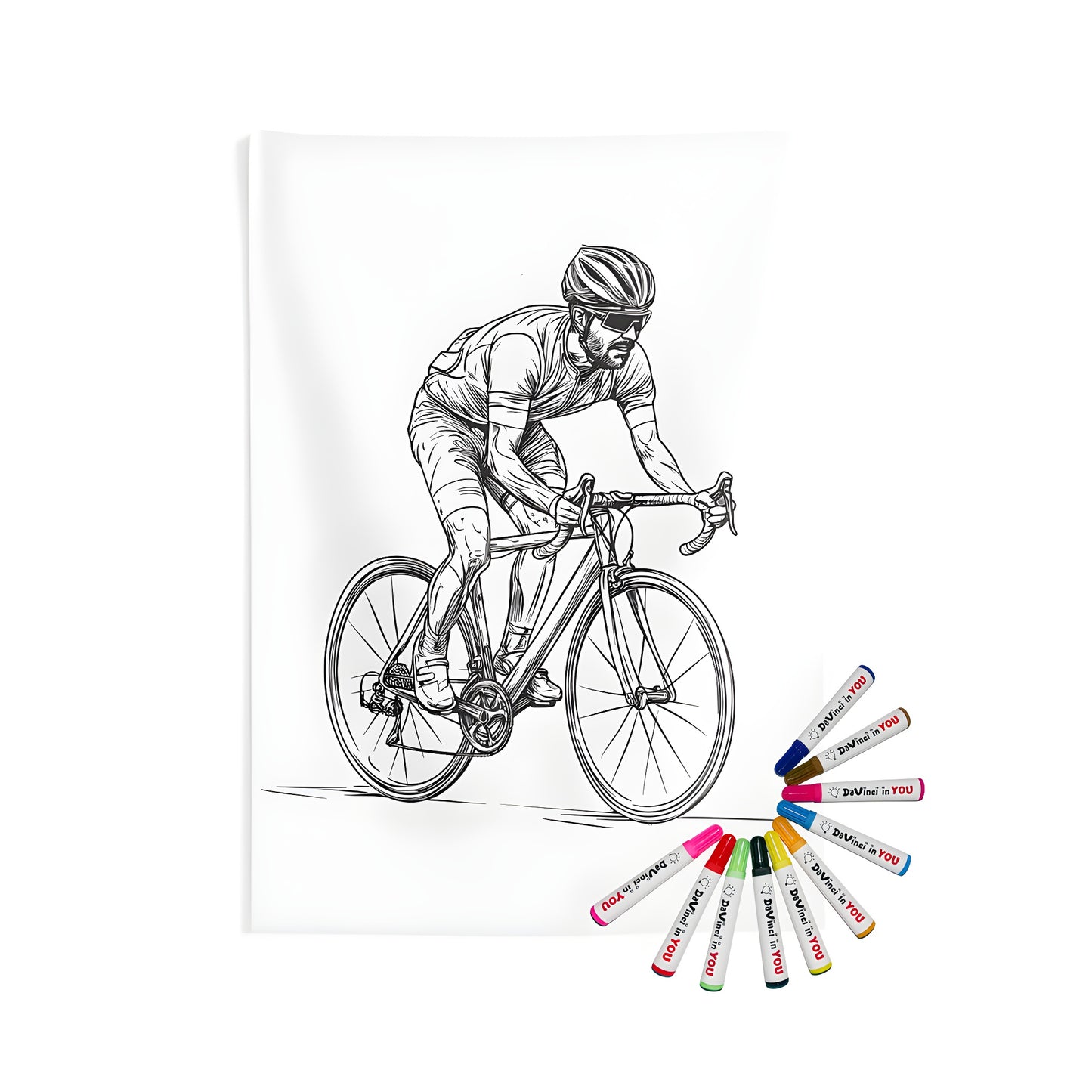 A colorful indoor wall tapestry featuring a detailed drawing of a cyclist on a road bike, with helmet and sunglasses, perfect for a cycling enthusiast's home decor