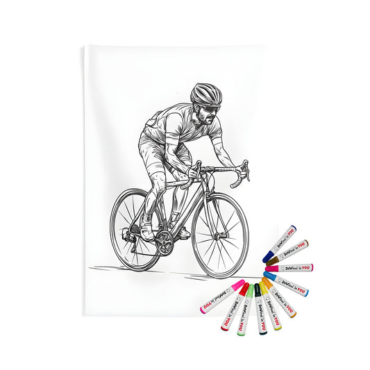 A colorful indoor wall tapestry featuring a detailed drawing of a cyclist on a road bike, with helmet and sunglasses, perfect for a cycling enthusiast's home decor