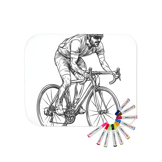 Blanket with cyclist design, detailed line drawing of rider on road bike