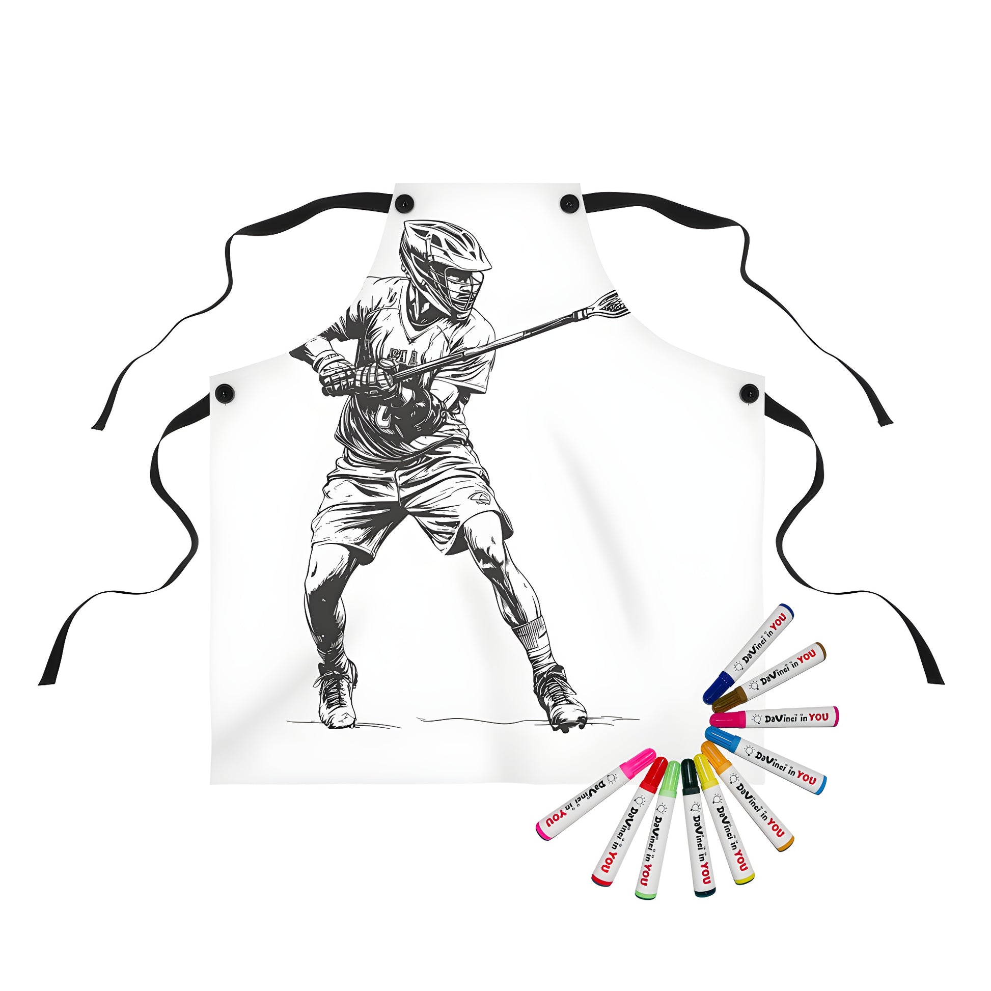 Coloring apron featuring a detailed illustration of a lacrosse player in action, complete with equipment and movement