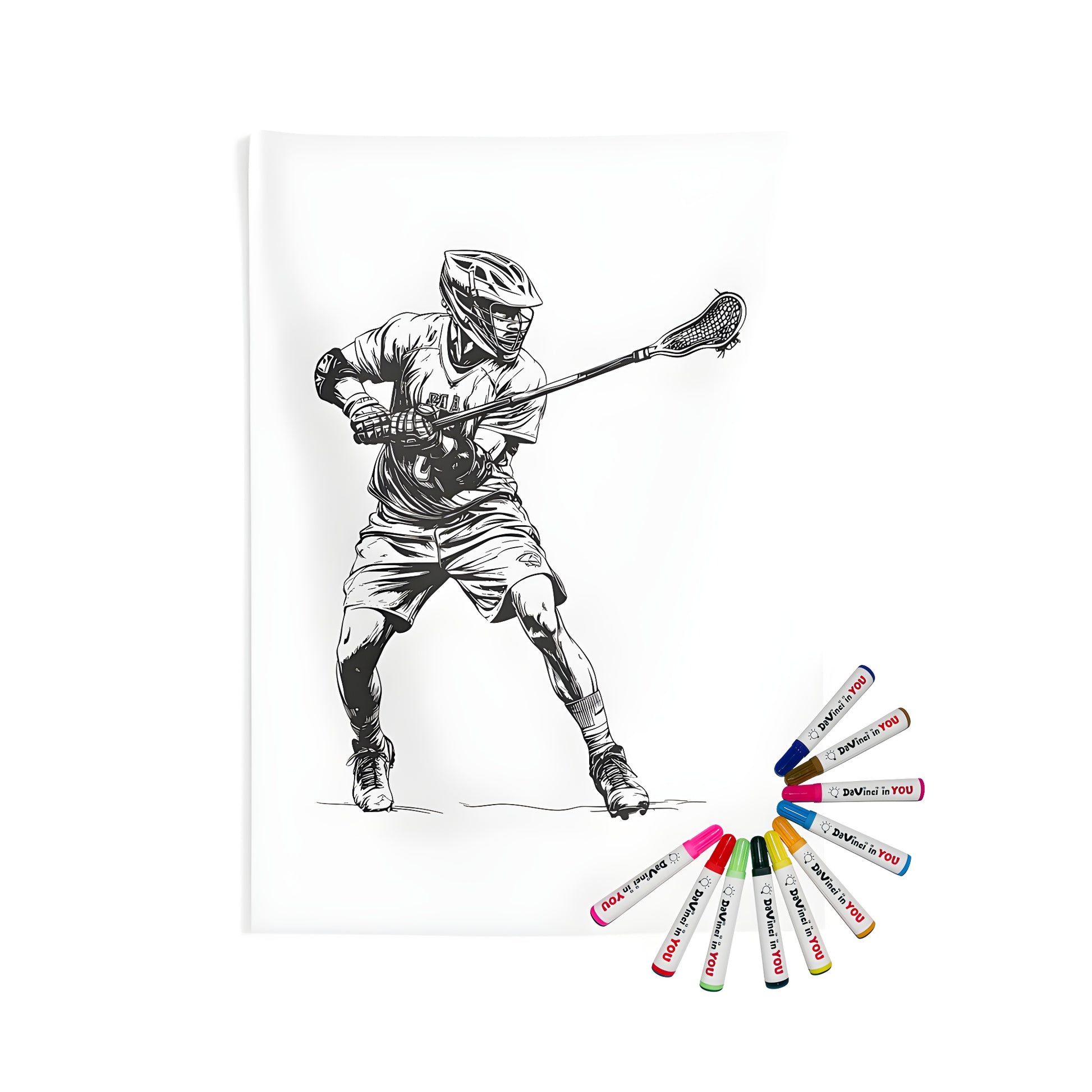 Indoor wall tapestries featuring a detailed black and white illustration of a lacrosse player in full gear, holding a stick and appearing in motion. Perfect for sports enthusiasts and fans of the game.