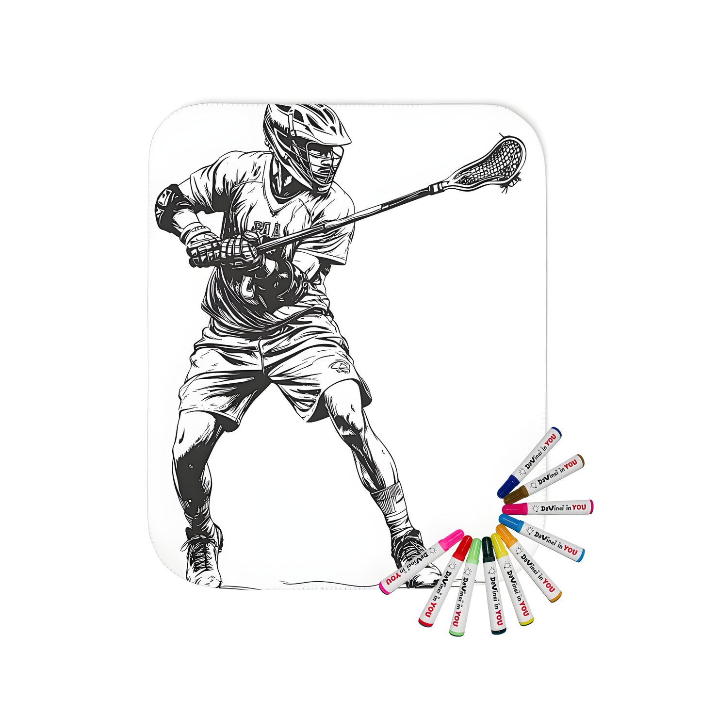 Coloring blanket of a lacrosse player in action, featuring detailed illustrations