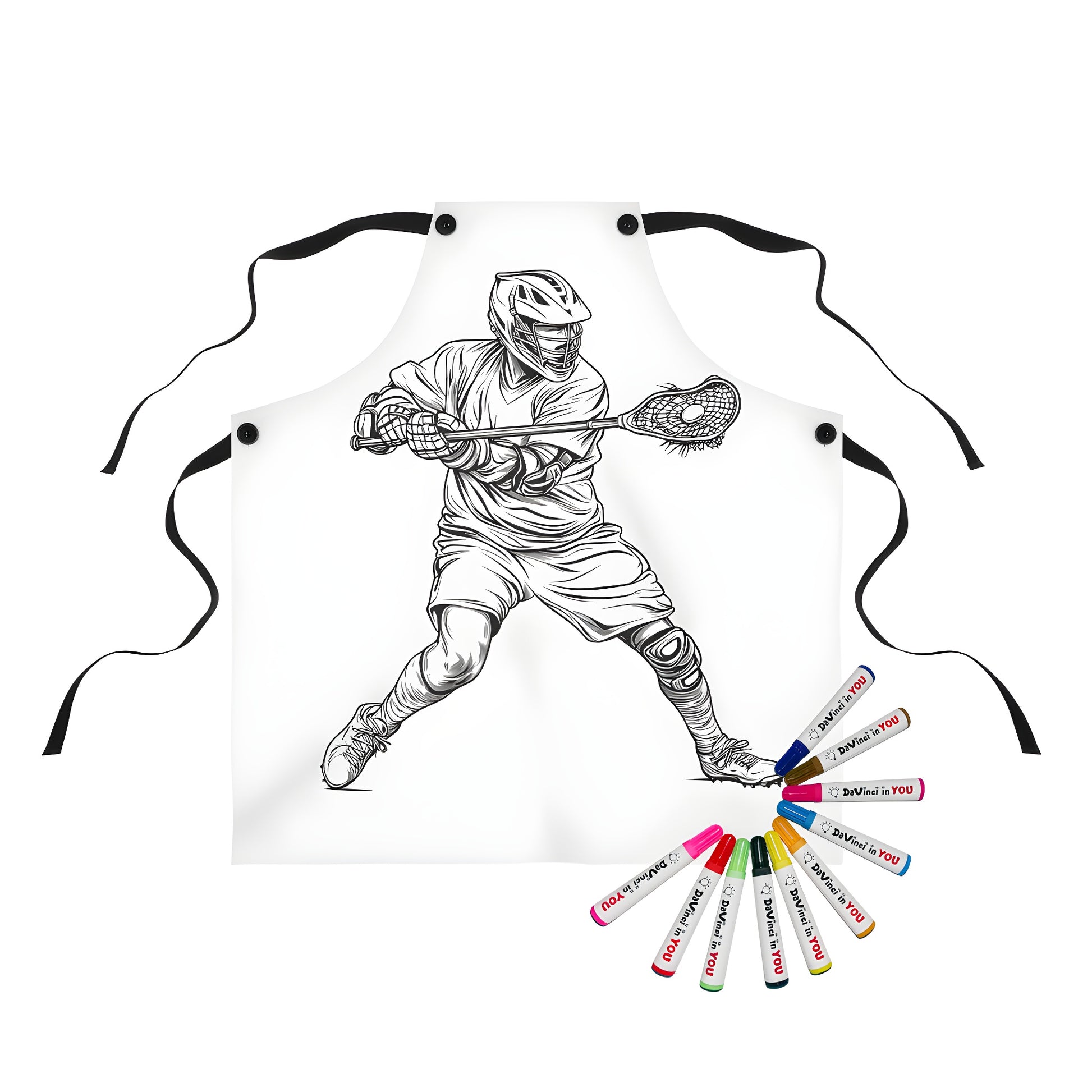 Coloring apron featuring a fun black-and-white illustration of a lacrosse player in action, wearing protective gear and holding a stick, perfect for sports fans and enthusiasts of games like field hockey, stickball, or cradle