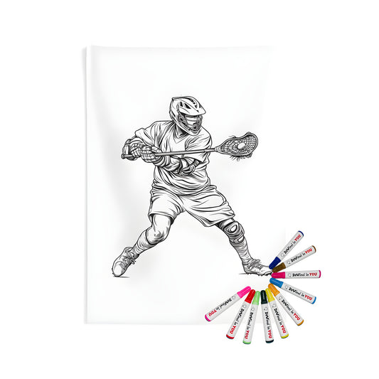 Indoor wall tapestries featuring a coloring page design of a black-and-white lacrosse player illustration in action, wearing protective gear and holding a stick