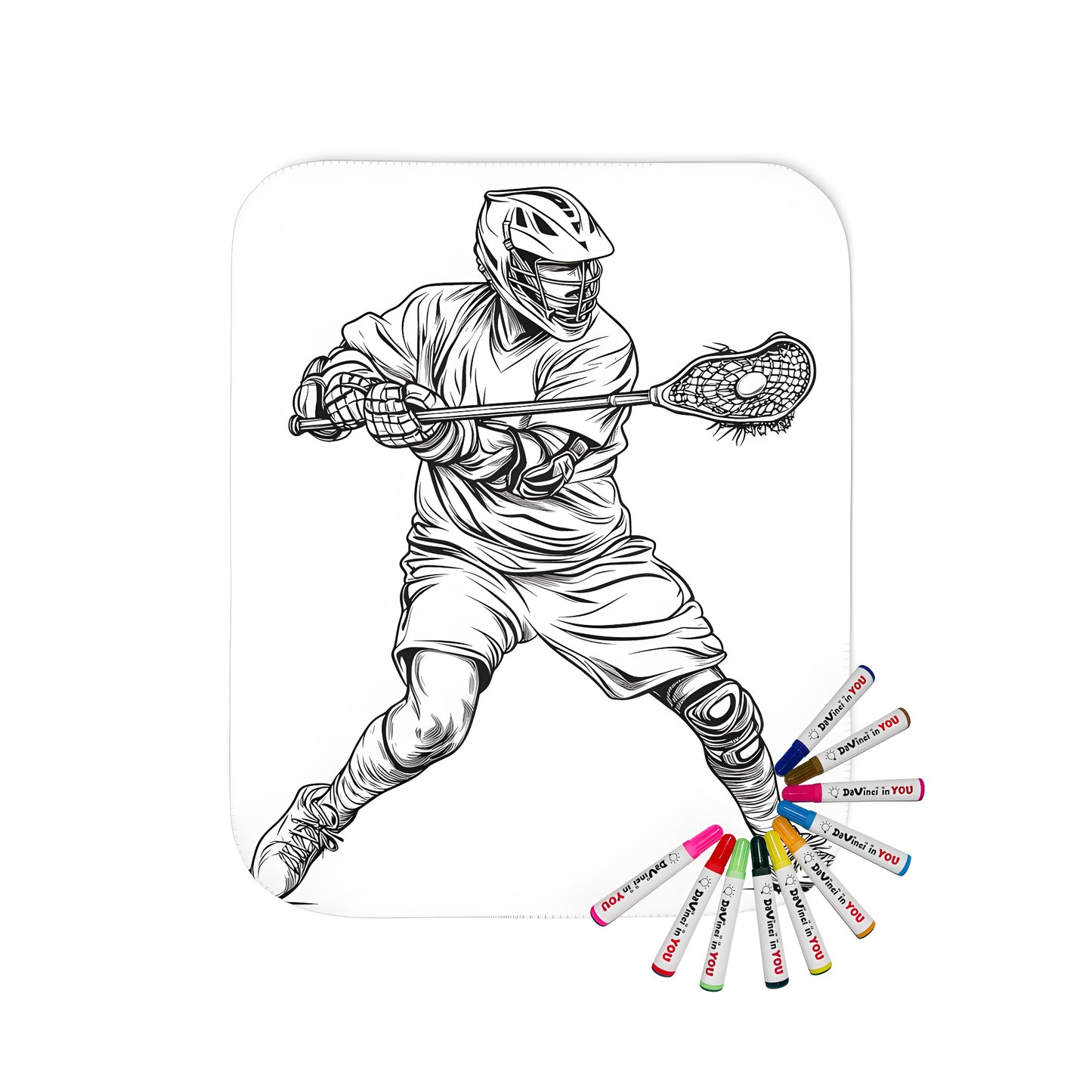 A vibrant blanket featuring an action-packed lacrosse illustration, showcasing a player in protective gear and holding a lacrosse stick, now available as a fun coloring kit complete with 10 fabric markers