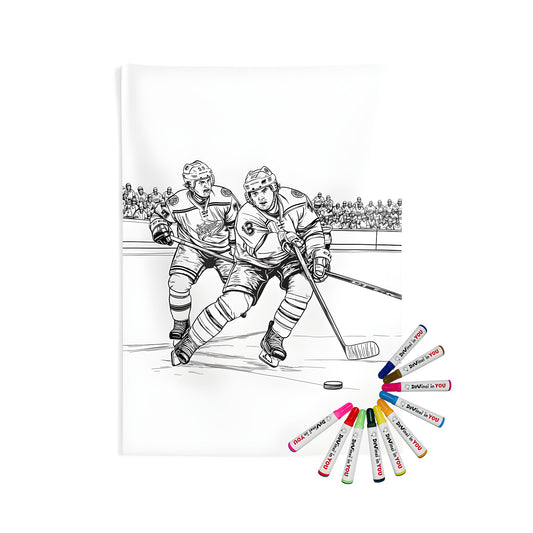 Two hockey players in action, surrounded by a lively crowd, on a wall tapestry for coloring with fabric markers