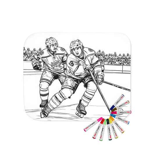 Blanket featuring an exciting ice hockey scene with two players in action on the rink surrounded by a cheering crowd. Perfect for hockey fans and kids alike, this cozy blanket is sure to delight!