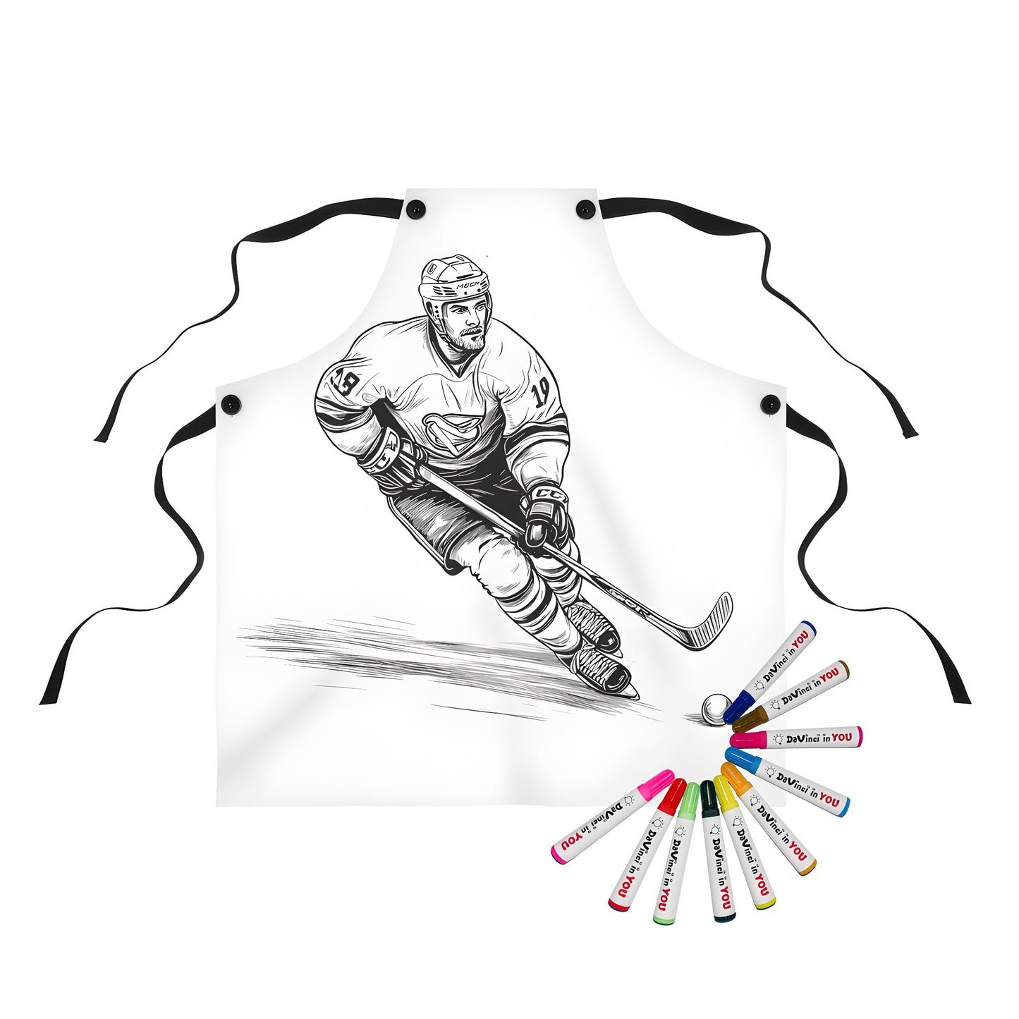 Coloring apron featuring a black and white illustration of a hockey player in action, skating with a stick and puck