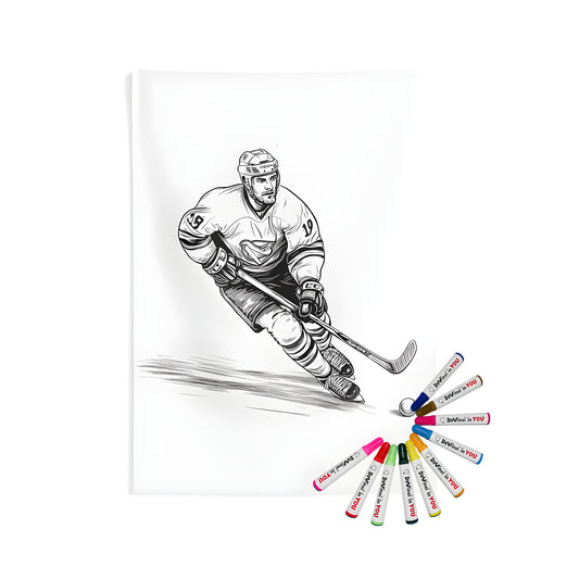 Coloring kit for adult coloring books with hockey player illustration, skateboarding and hockey stick