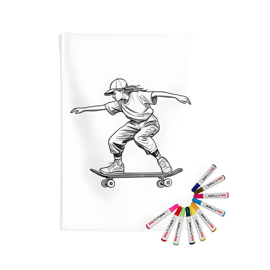 Indoor wall tapestries featuring a girl skateboarding in a dynamic pose. Line drawing art print on fabric.