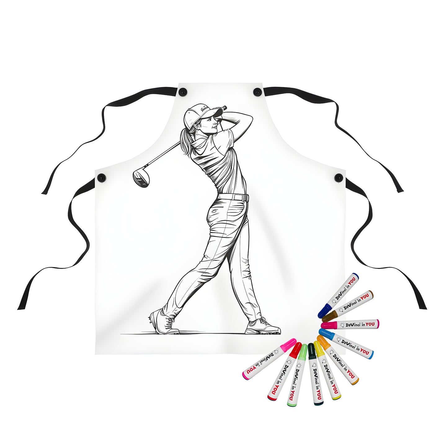 Apron coloring kit for golf enthusiasts with vibrant fabric markers. Illustration of a golfer in perfect form and focus.