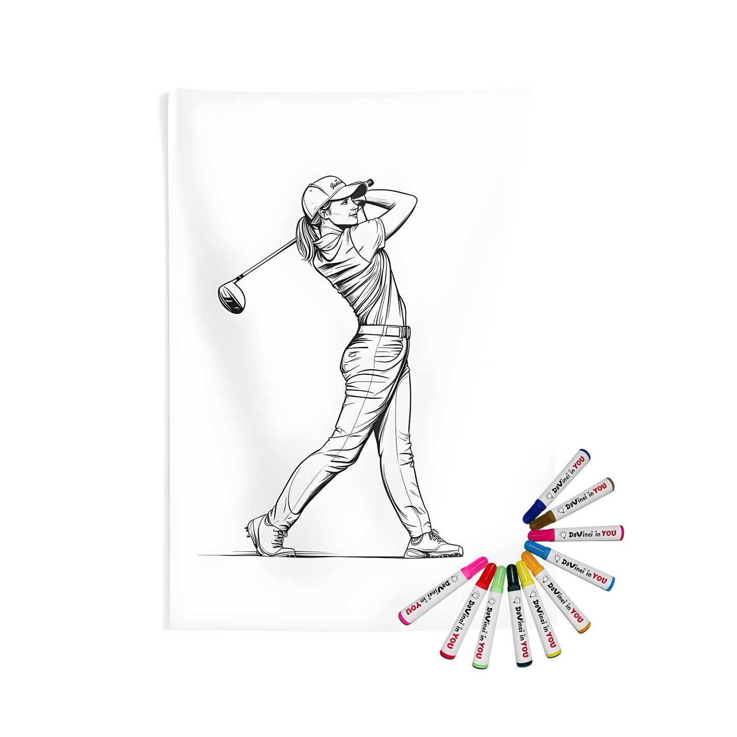 Indoor wall tapestries featuring a colorful illustration of a female golfer, ideal for home decor or office space. Includes fabric markers for creative expression.