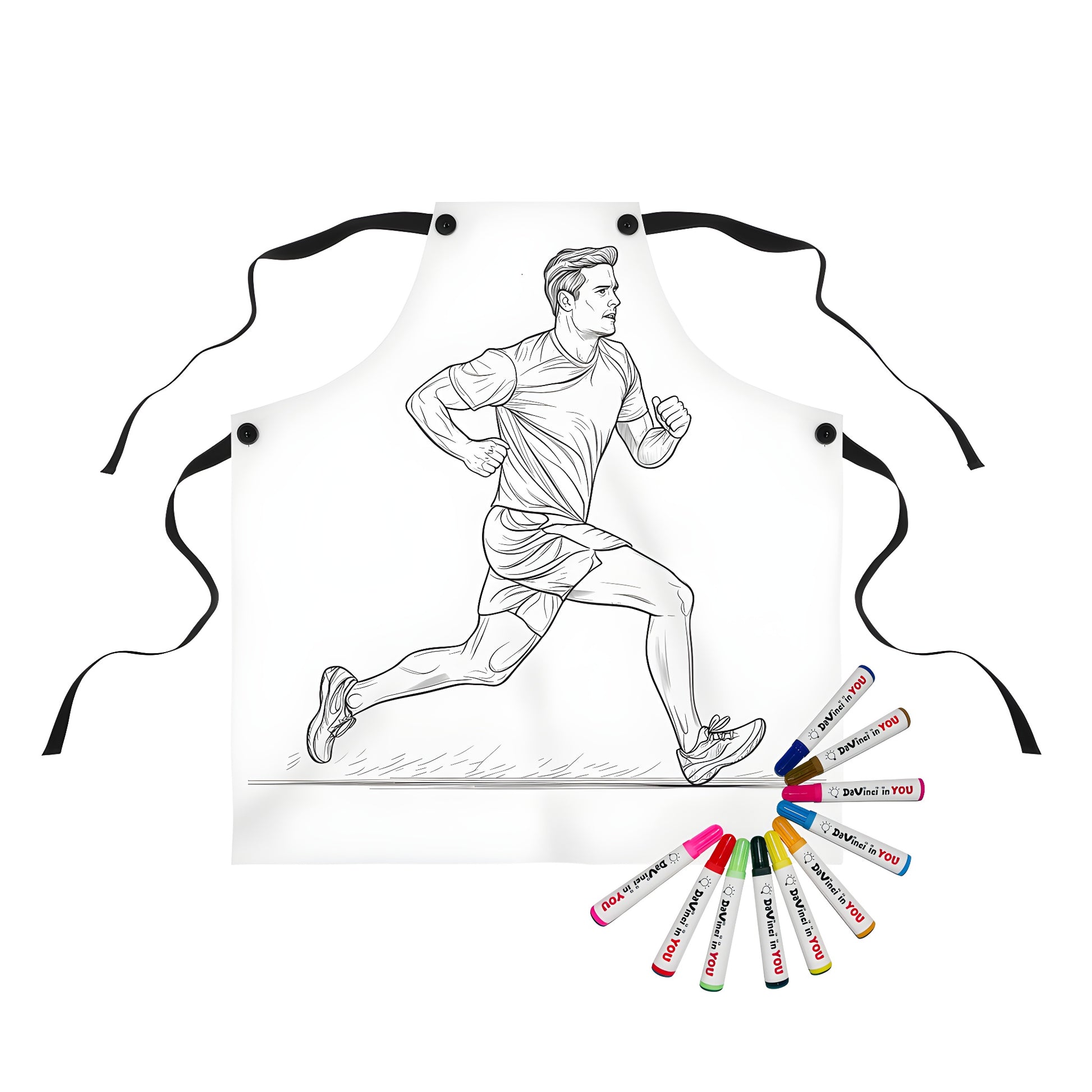 Coloring apron with dynamic running design, perfect for athletes and art lovers alike