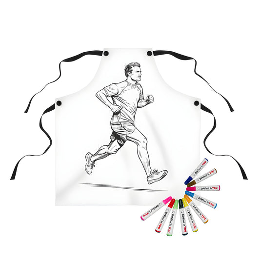 Colorful jogging apparel apron featuring a vibrant black and white sketch of a runner