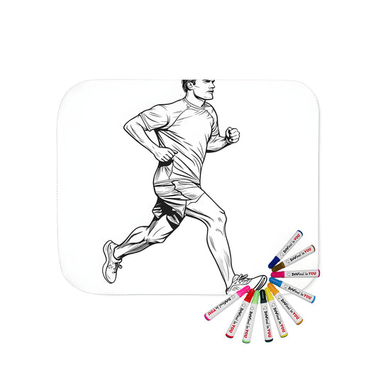 Blanket featuring a black and white sketch of a man running, dressed in a T-shirt, shorts, and running shoes. Perfect for jogging enthusiasts or those who love fitness