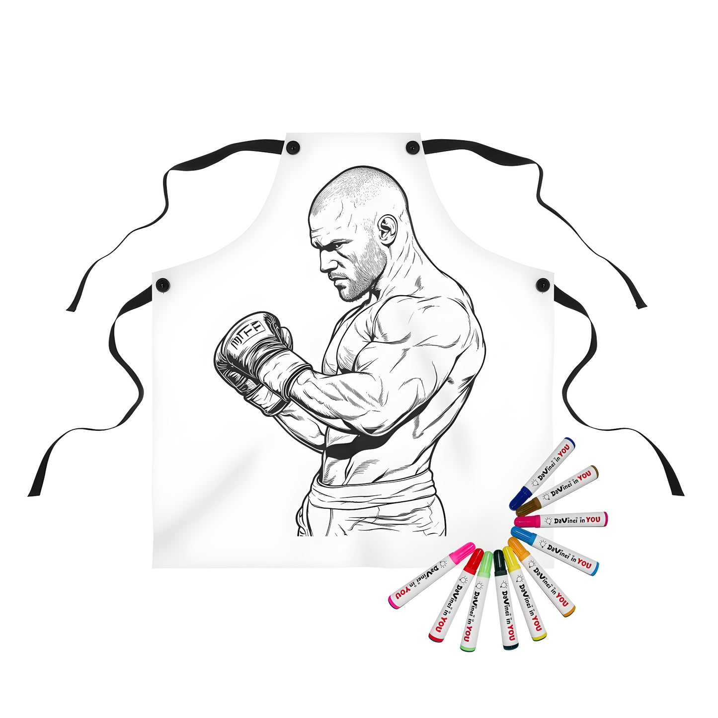 Coloring apron of a muscular boxer in a focused stance, wearing boxing gloves. Apron design for boxing enthusiasts and fans.