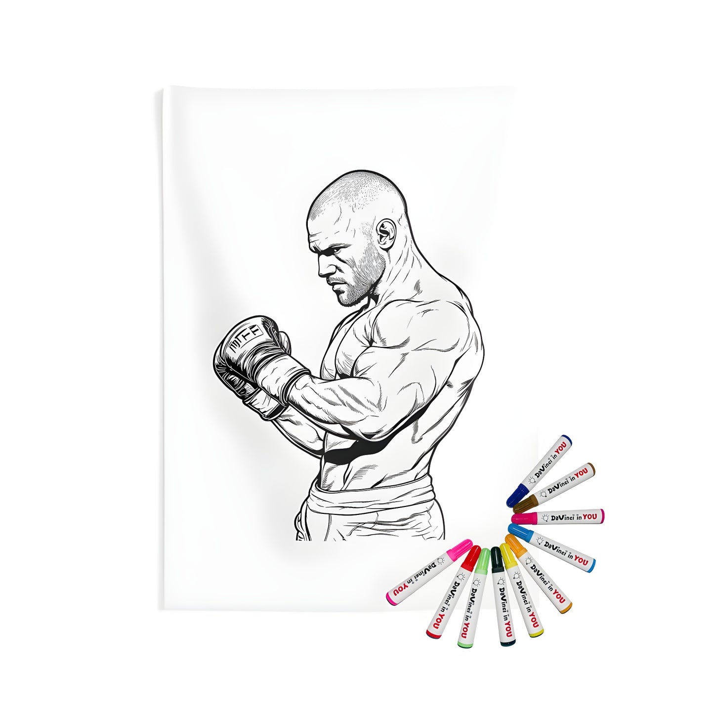 Decorative indoor wall tapestry featuring a coloring page design of a muscular boxer in a focused stance. Perfect for boxing fans and those who appreciate strength and determination.