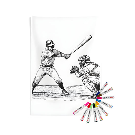 Coloring page design of baseball batter at the plate with catcher illustration on indoor wall tapestry action packed art