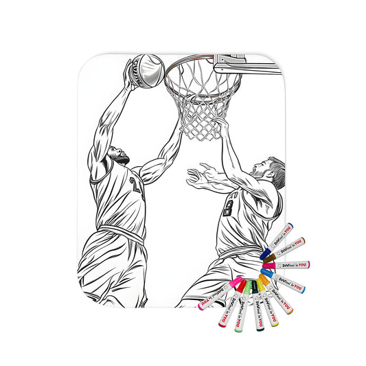 Coloring kit blanket with 10 fabric markers featuring a fun design of two basketball players in action