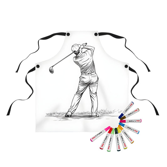 Colorful apron featuring an illustrative golfer in black and white swing design with golf club